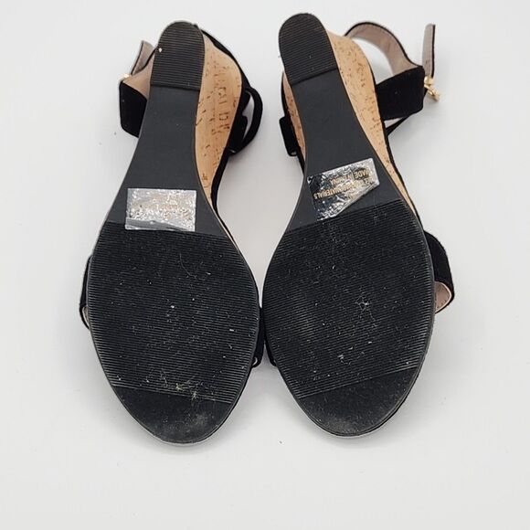 Lulus Size 6.5 Black Wedge Cork Sandals Strappy Buckle Close Vegan Suede - Picture 9 of 9
